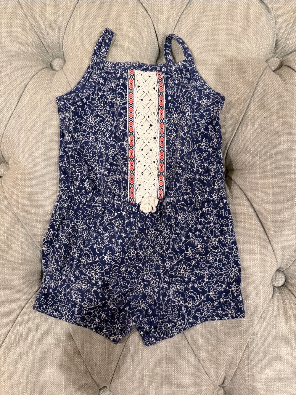 Carter's Navy Floral Girls Romper with Lace Trim and Red Accent